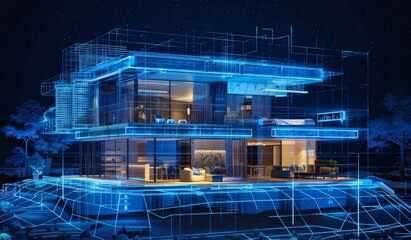 Wall Mural - futuristic smart home exterior, with data visualization lines, automation system, created with ai