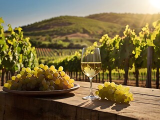 wine and grapes in vineyard