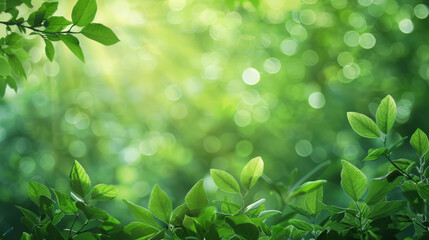 Wall Mural - fresh green leaves with sunlight bokeh. nature background for design and print