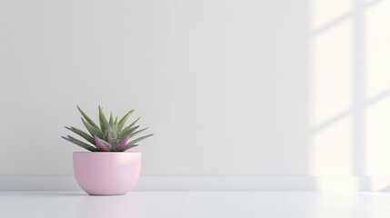 Wall Mural - Modern interior with pink potted Haworthia flower on white backdrop