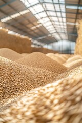 Wall Mural - Modern warehouse filled with oats grain stacks. Golden-brown grains cover entire surface. Transparent roof provides natural light. Industrial storage facility with organized rows of food products.