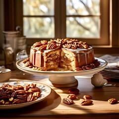 Wall Mural - Pecan cake on wooden table, AI Generated