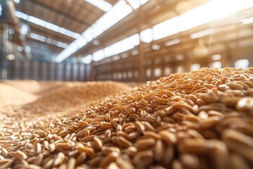 Large pile of golden brown wheat stored in modern warehouse with transparent roof. Grains densely packed, inviting atmosphere. Warehouse suggests processing distribution. Agricultural storage.