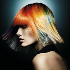 Poster - AI generated illustration of a woman with vibrant, multi-colored hair against a dark background