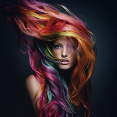 Wall Mural - AI generated illustration of a woman with vibrant, multi-colored hair against a dark background