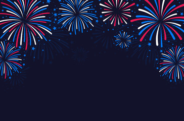 Modern simple style patriotic fireworks celebration 
background vector banner template for 4th of July, independence day, USA, holiday, exploding festival firework with blue red stars & sparks