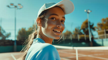 Wall Mural - A smiling young athletic woman in a blue shirt and a white cap stands on the tennis court. Tennis is an Olympic sport