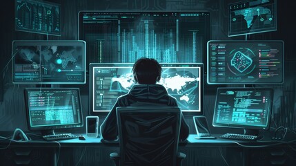 Aufkleber - Programmer with multiple screens showing hacking software, cybercrime scene