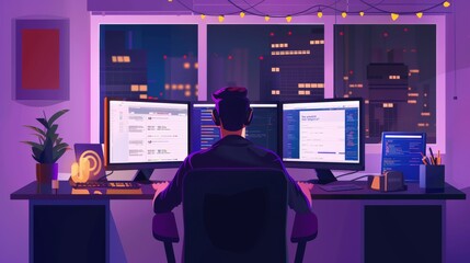 Aufkleber - Programmer designing AI-powered e-commerce app with big data, dual monitors