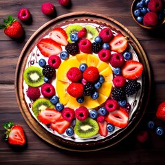 Wall Mural - Top view of fruit cake on wooden table, AI Generated