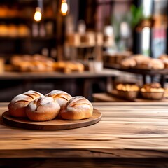 Wall Mural - Wooden table for product display with blured bakery background, AI Generated