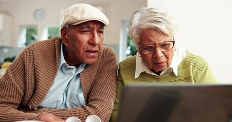 Poster - Elderly, couple and computer with glasses at house for reading retirement fund, debt invoice and pension bills. Confused, senior people and digital for insurance crisis, bankruptcy and property risk