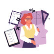 © Natalia - Logical science thinking of researcher and scientist, psychology. Smart female character in glasses standing at math research tests and graphs, human head silhouette behind cartoon vector illustration