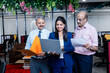 © GAJENDRRA BHATI  - Young Indian professional woman discussing about company growth with two senior businessman using laptop in corporate office. entrepreneur and workplace concept.