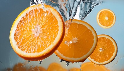 Wall Mural - freeze motion of flying orange slices into water colored background