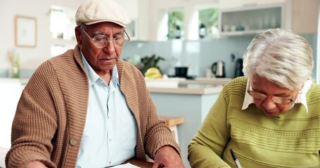 Poster - Senior couple, finance or tablet for banking update, mortgage balance or household bills. Retirement fund, planning or elderly people reading paperwork, pension policy or financial summary online