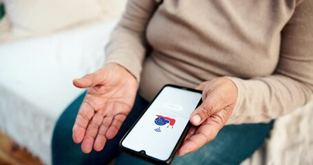 Poster - hands, smartphone and network fail on couch with internet, glitch and connection issue in home. tech