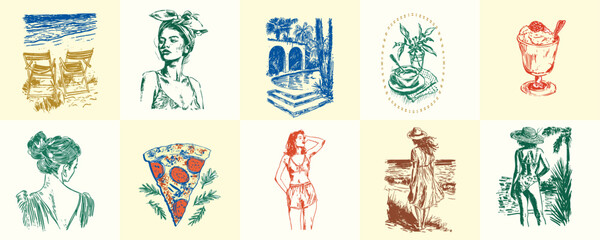 a minimalist collection of hand-drawn vector illustrations of food and beverage girls. great for soc