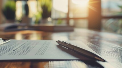 Poster - Contract signing with pen and documents on a wooden table, close-up, natural lighting