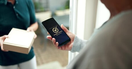 Aufkleber - Cellphone, payment and package for courier, customer and door for purchase with credit card. Online shopping, parcel service and hands of people, shipping and freight for ecommerce and app screen