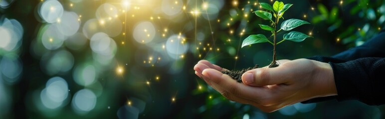 Canvas Print - Hands Holding a Small Sapling with Shining Lights in the Background