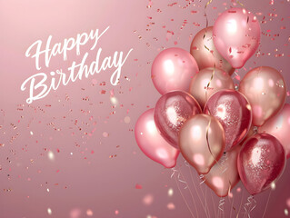 Wall Mural - Birthday greeting vector background design. Happy birthday text in pink space with rose gold floating balloons