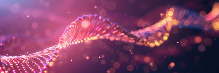 Poster - Vibrant purple and pink DNA strand with glowing bokeh effects. Ideal for biotechnology and genetics concepts.
