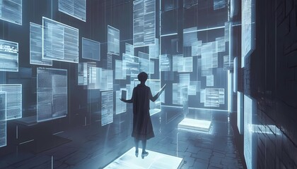 Poster - Virtual Archives: Exploring Document Imaging Technologies,  virtual reality environment where users navigate through a futuristic archive filled with floating, digitized documents,