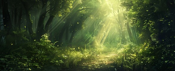 Wall Mural - Enchanting Path in a Lush Green Forest with Tall Trees and Sunlight Filtering Through the Leaves, Leading into Darkness, Capturing the Beauty and Mystery of Nature