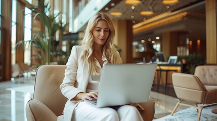 Professional blonde businesswoman using a laptop in a modern office. Copy space