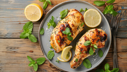 Wall Mural - Homemade baked chicken with lemon and mint on plate on wooden table