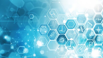 Aufkleber - Medical technology background with hexagonal interface icons on a blue background. Illustrates modern healthcare and digital medicine concepts.