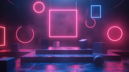 Poster - A glowing neon podium with geometric shapes such as squares and circles orbiting around it, creating an immersive environment. 