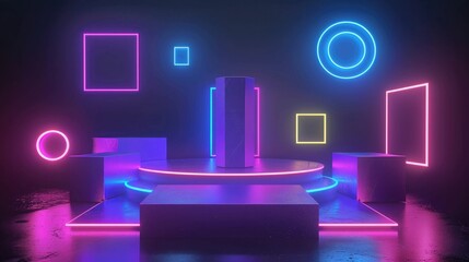Poster - A glowing neon podium with geometric shapes such as squares and circles orbiting around it, creating an immersive environment. 