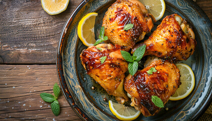 Poster - Homemade baked chicken with lemon and mint on plate on wooden table