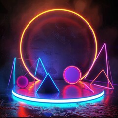 Poster - A circular neon podium with a backdrop of glowing geometric shapes, including lines and points, for a captivating design. 