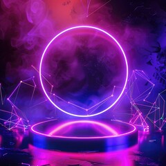Poster - A circular neon podium with a backdrop of glowing geometric shapes, including lines and points, for a captivating design. 