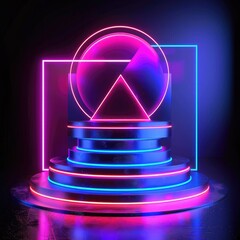 Poster - A neon podium set against a dark background, with abstract geometric shapes and glowing lines creating a dynamic visual effect. 