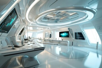 Poster - Futuristic office design with modern technology equipment, Futuristic technology open space office interior. AI generated