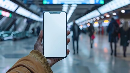 Hand holding an isolated smartphone device with blank empty white screen at the airport station