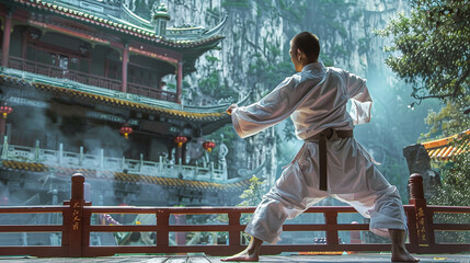 A kung fu karate champion or fighter practicing martial arts