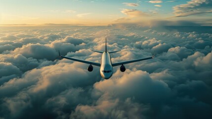 A plane is flying through a cloudy sky with a beautiful sunset in the background