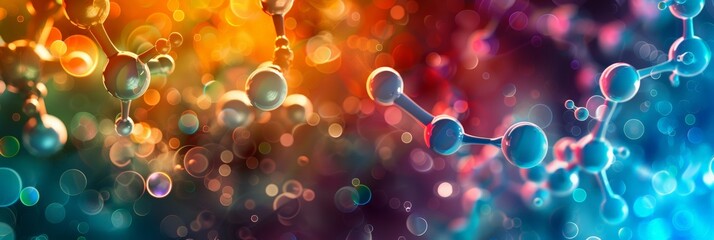 Poster - Blue molecular structure with abstract bokeh background. Concept of advanced medical research and biotechnology.