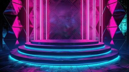 Poster - A neon-lit podium with a geometric backdrop of glowing lines and shapes, including diamonds and polygons. 