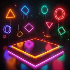Poster - A square neon podium surrounded by a series of floating geometric shapes, all glowing with different neon colors. 