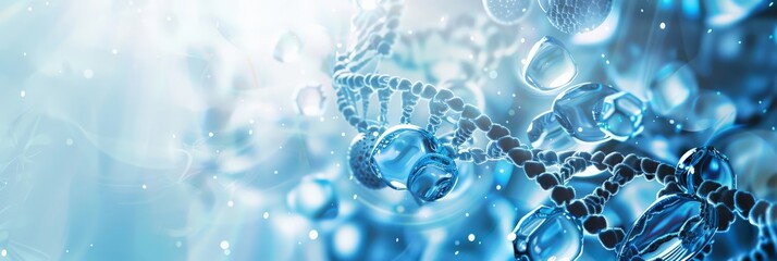 Poster - DNA strand in a light blue and white background with floating particles. Molecular structure visualization for healthcare and scientific research.