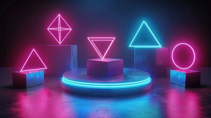 Poster - A neon podium set against a dark background, with geometric shapes like cubes and pyramids emitting a bright glow. 