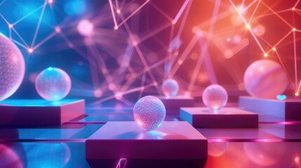 Poster - A neon podium with a 3D geometric backdrop, including glowing spheres and interconnected lines, for a modern and striking look.