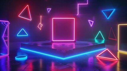 Poster - A square neon podium surrounded by a series of floating geometric shapes, all glowing with different neon colors.
