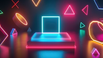 Poster - A square neon podium surrounded by a series of floating geometric shapes, all glowing with different neon colors. 